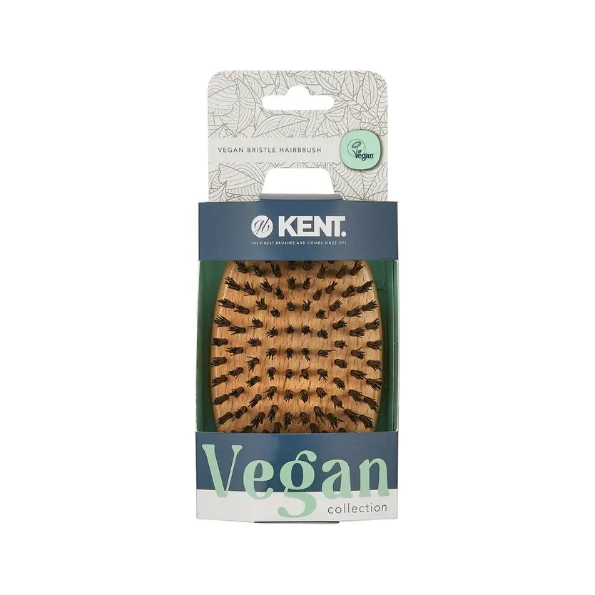 An oval wooden Kent PF22 grooming brush with stiff black natural bristles, isolated on a white background.