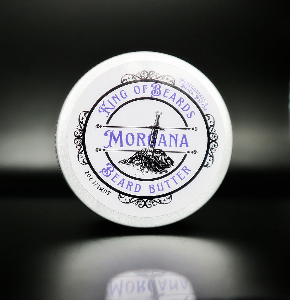 King of Beards Morgana Beard Butter tin with purple text and medieval sword logo on a dark background
