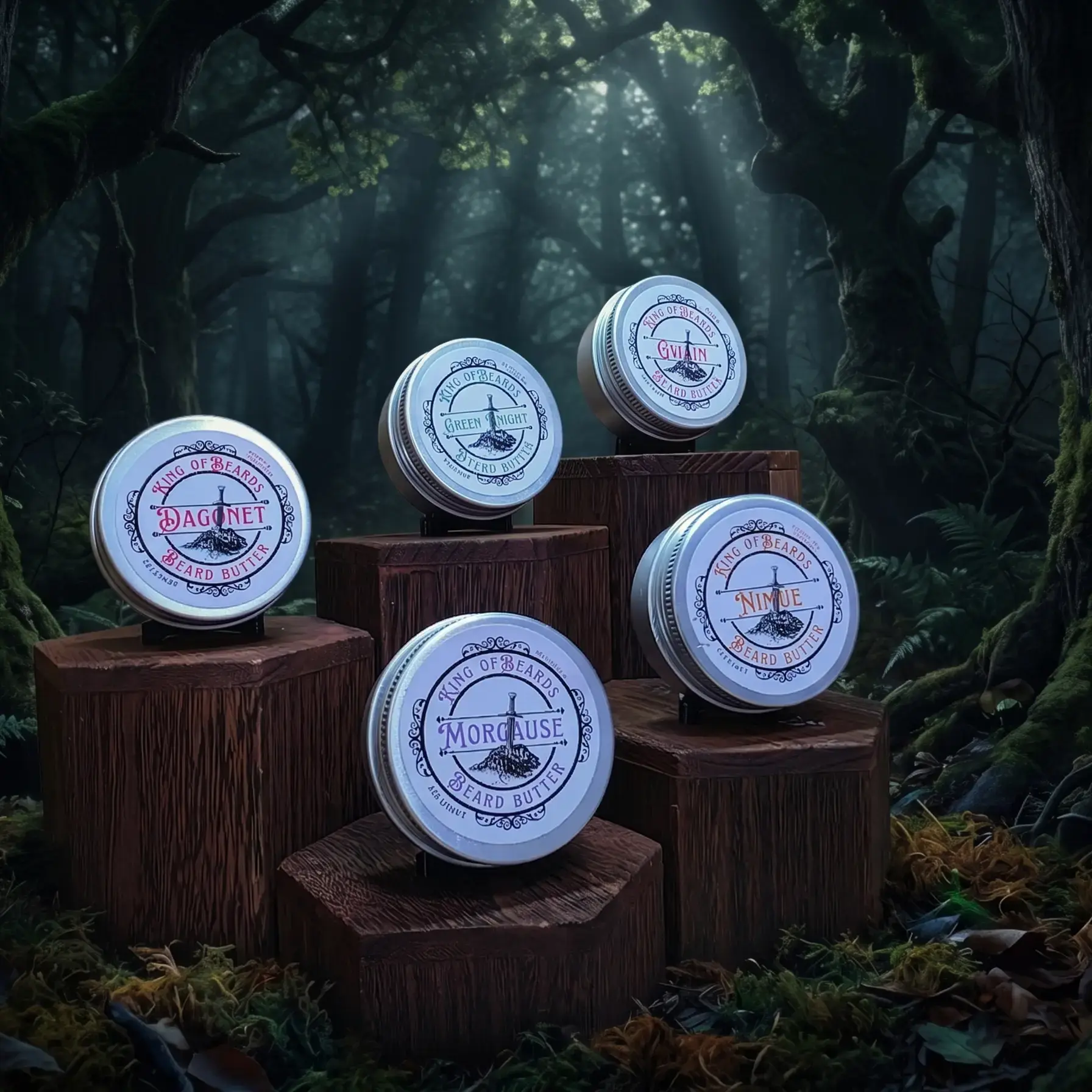 Five tins of King of Beards beard butter displayed on individual tiered wooden blocks against an ancient forest backdrop.