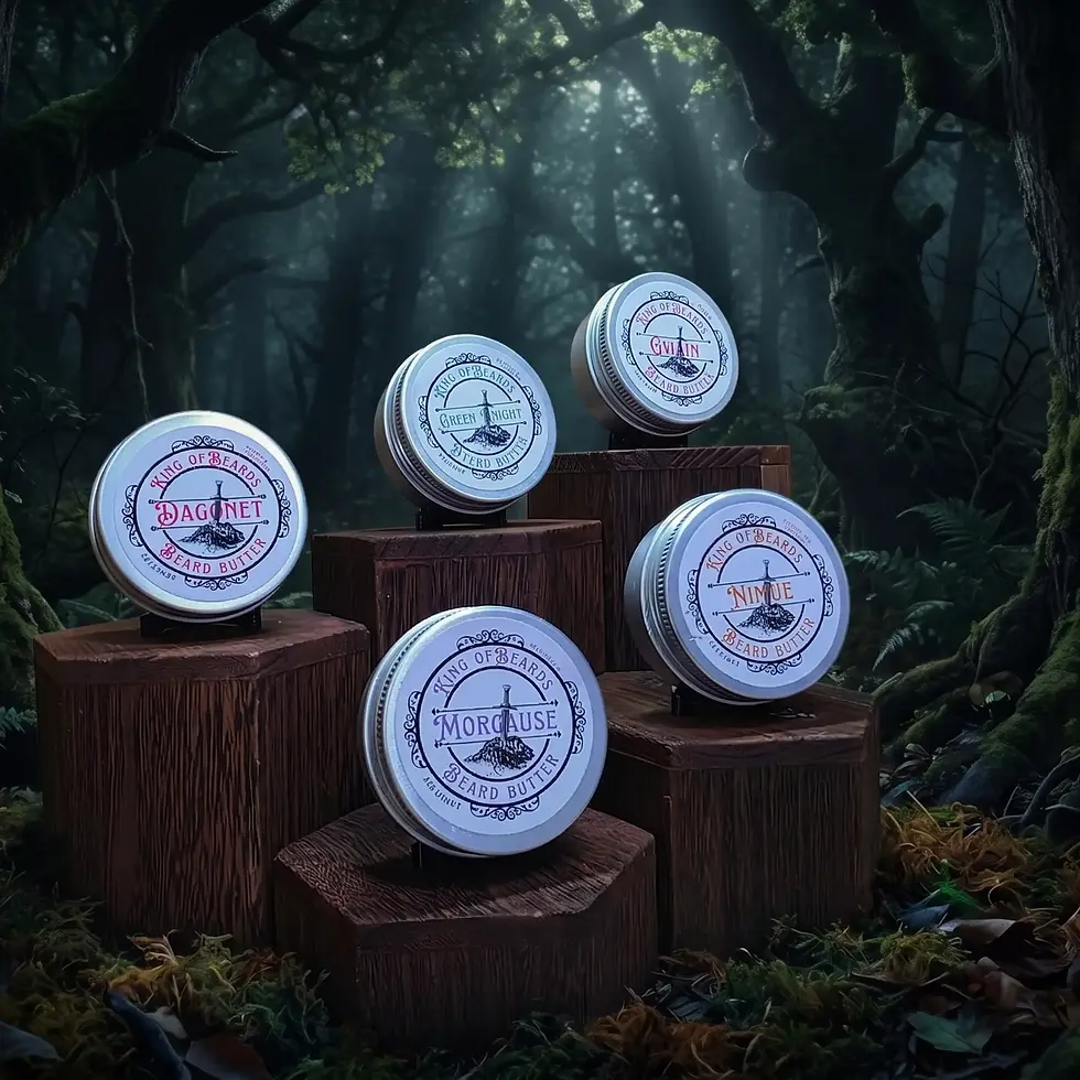 Five tins of King of Beards beard butter displayed on individual tiered wooden blocks against an ancient forest backdrop.