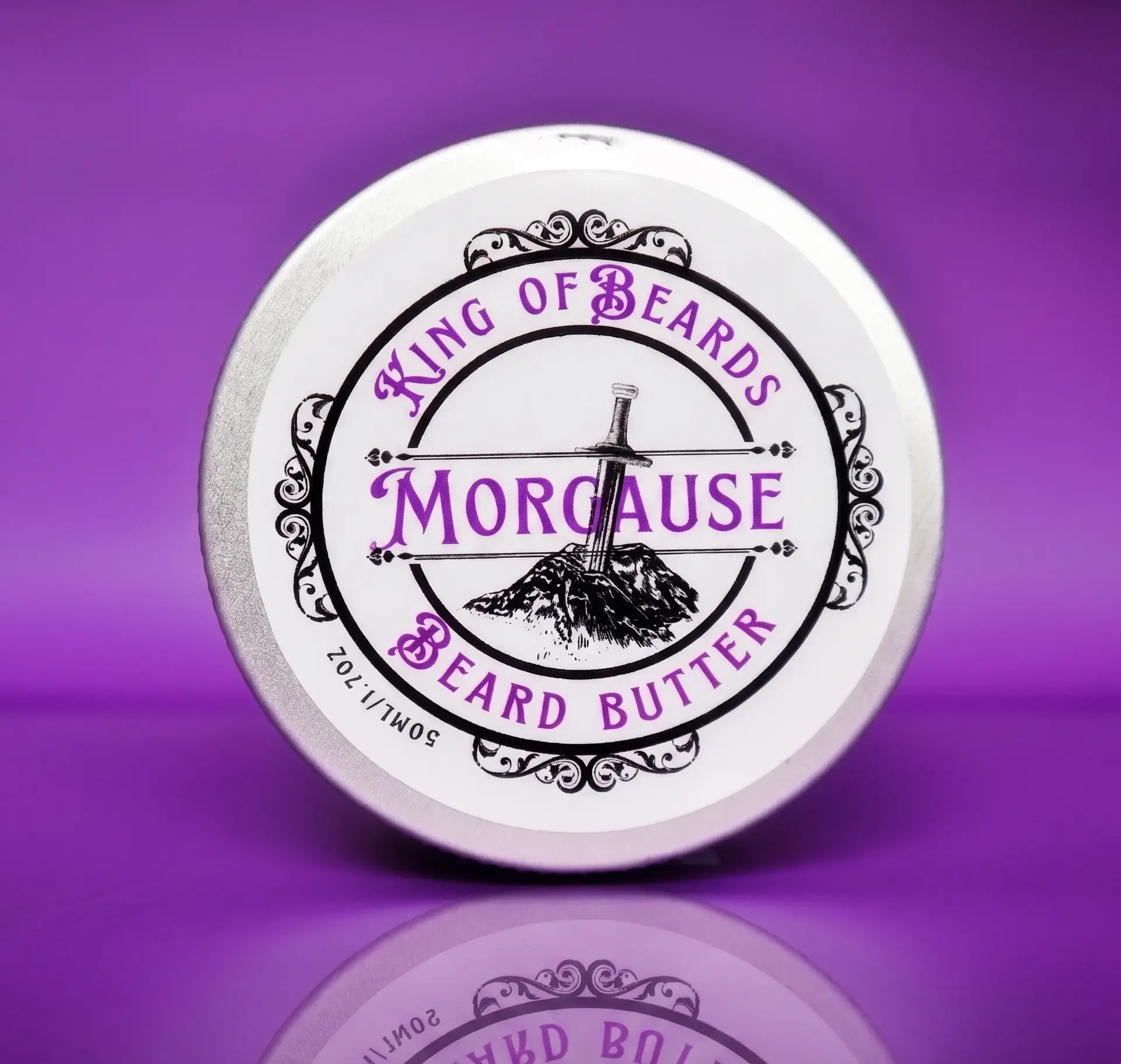 King of Beards Morgause Beard Butter tin with purple text and sword logo on a vibrant purple background