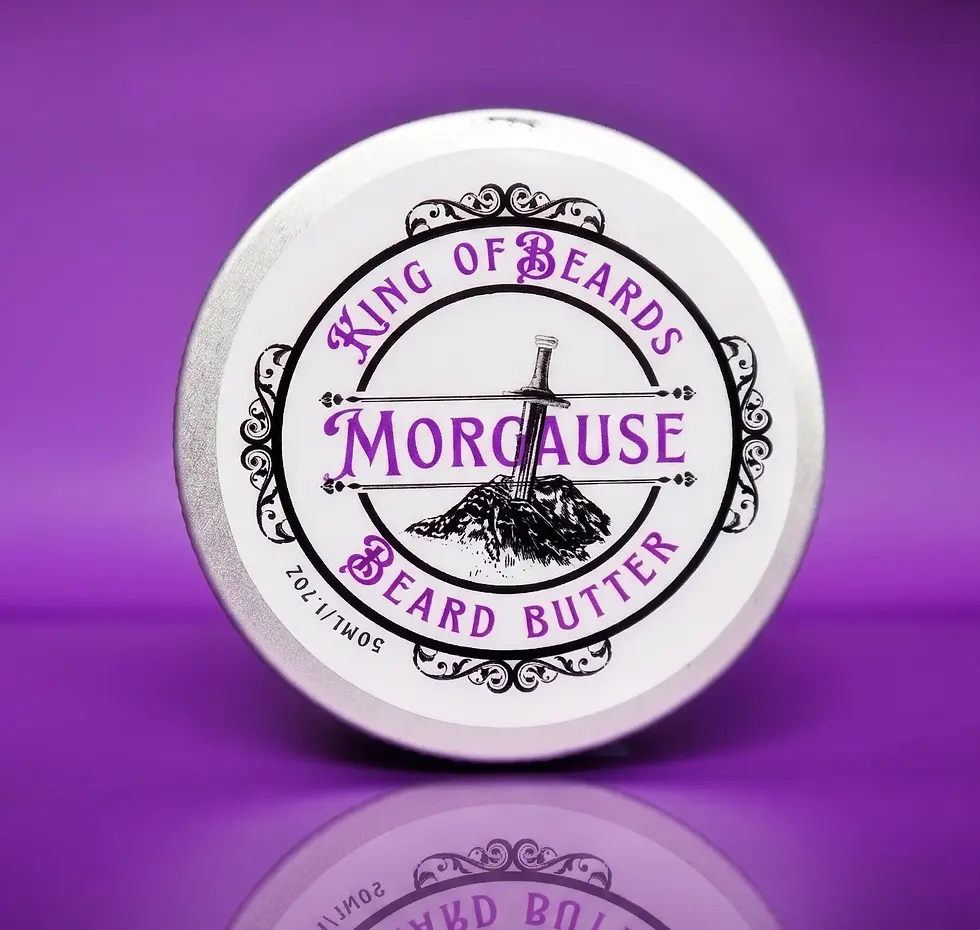 King of Beards Morgause Beard Butter tin with purple text and sword logo on a vibrant purple background