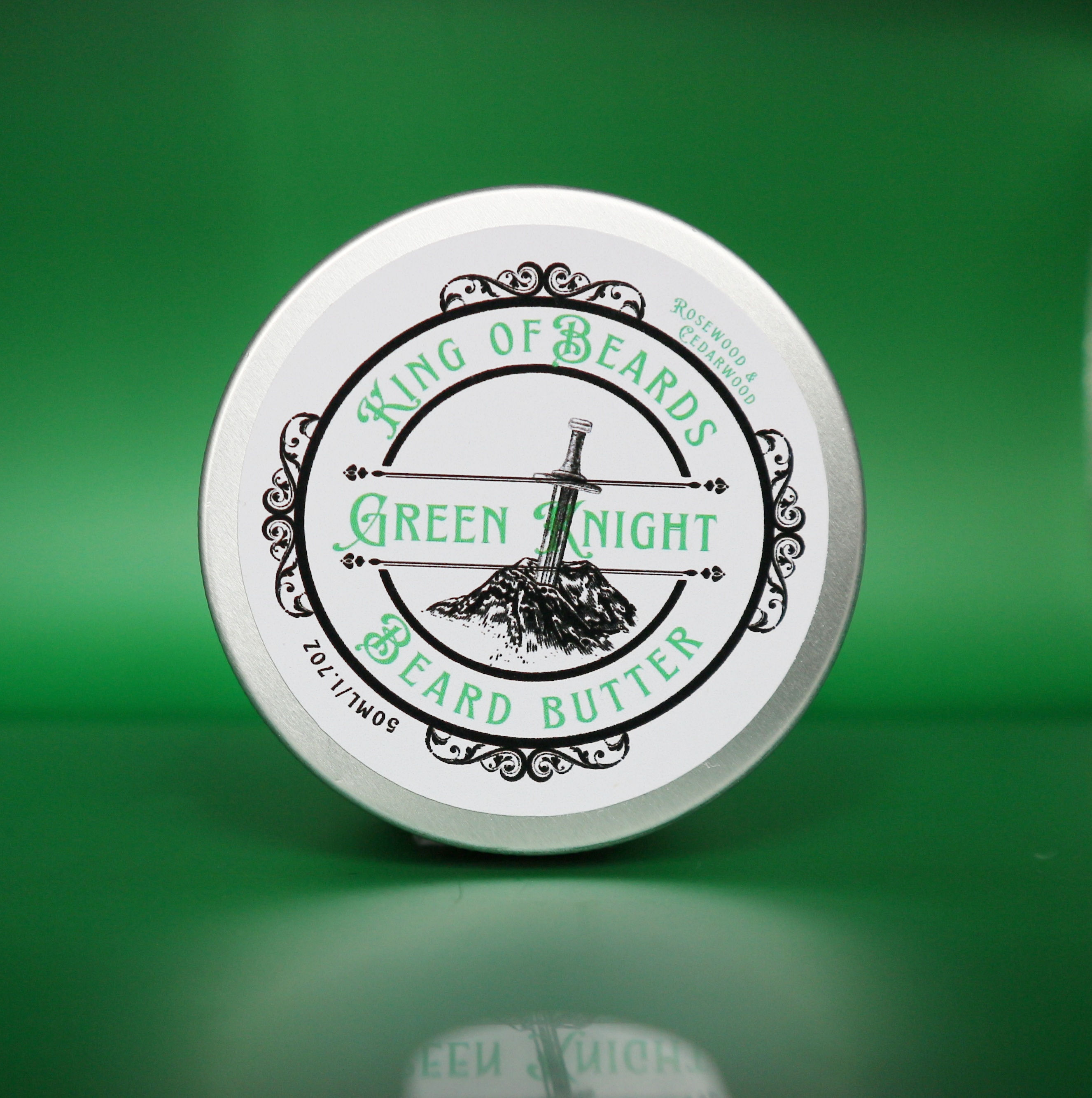 King of Beards Green Knight Beard Butter tin with green text and sword logo on a vibrant green background
