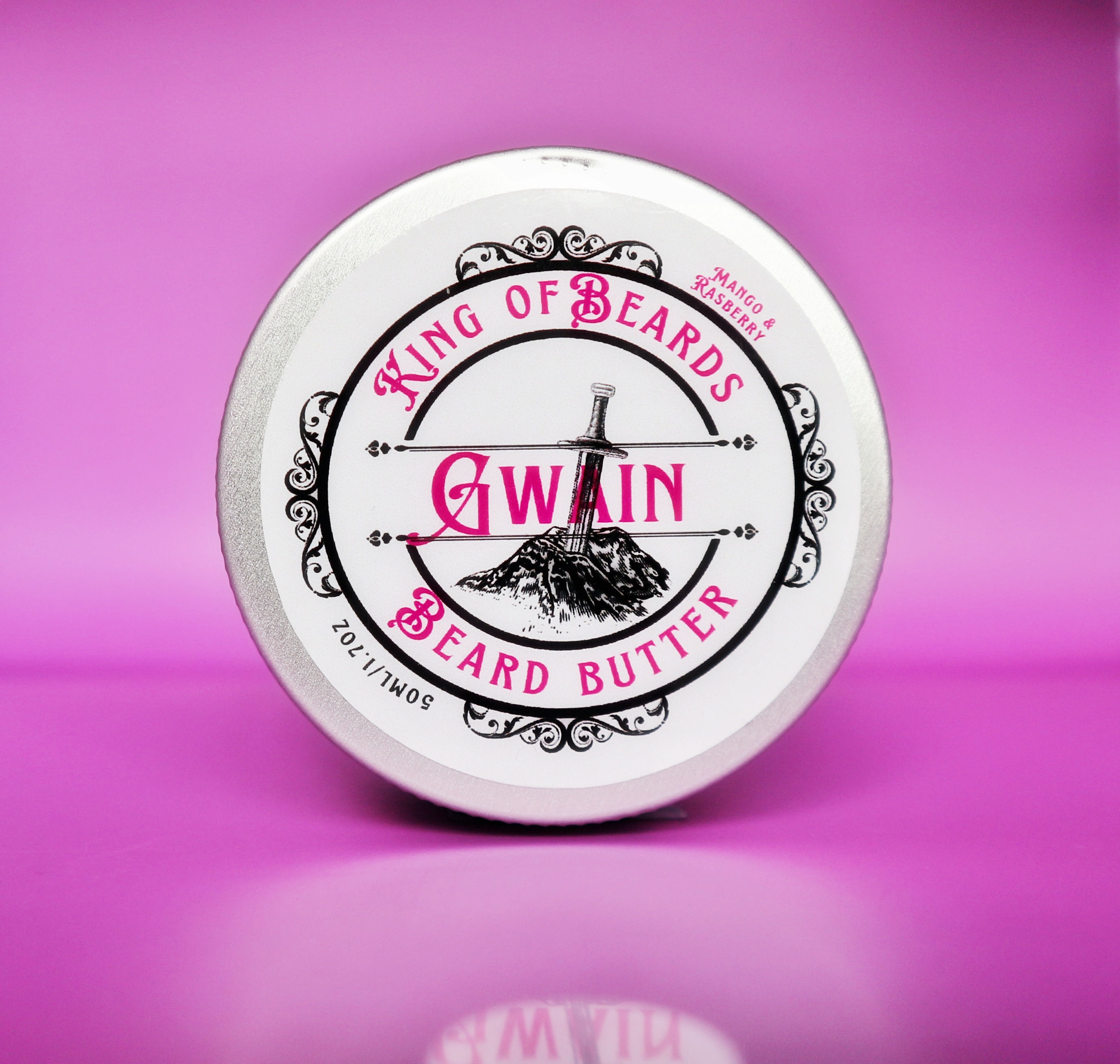 King of Beards Gwain Beard Butter tin with pink text and sword logo on a bright pink background