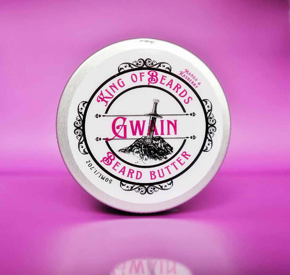 King of Beards Gwain Beard Butter tin with pink text and sword logo on a bright pink background