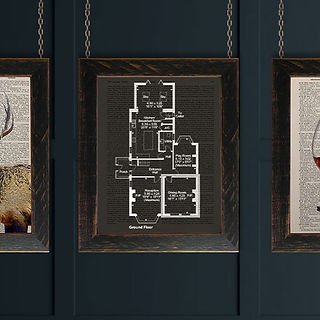 custom framed artwork showing vintage style blueprints of property
