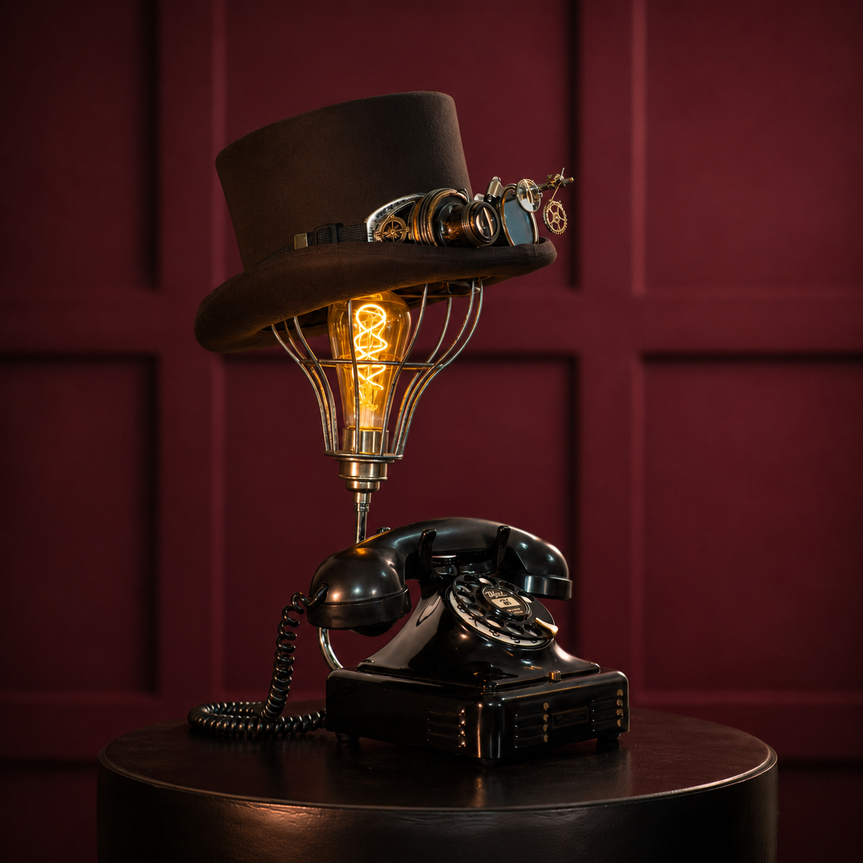 Steampunk Black Rotary Telephone Lamp with Wool Top Hat & Goggles