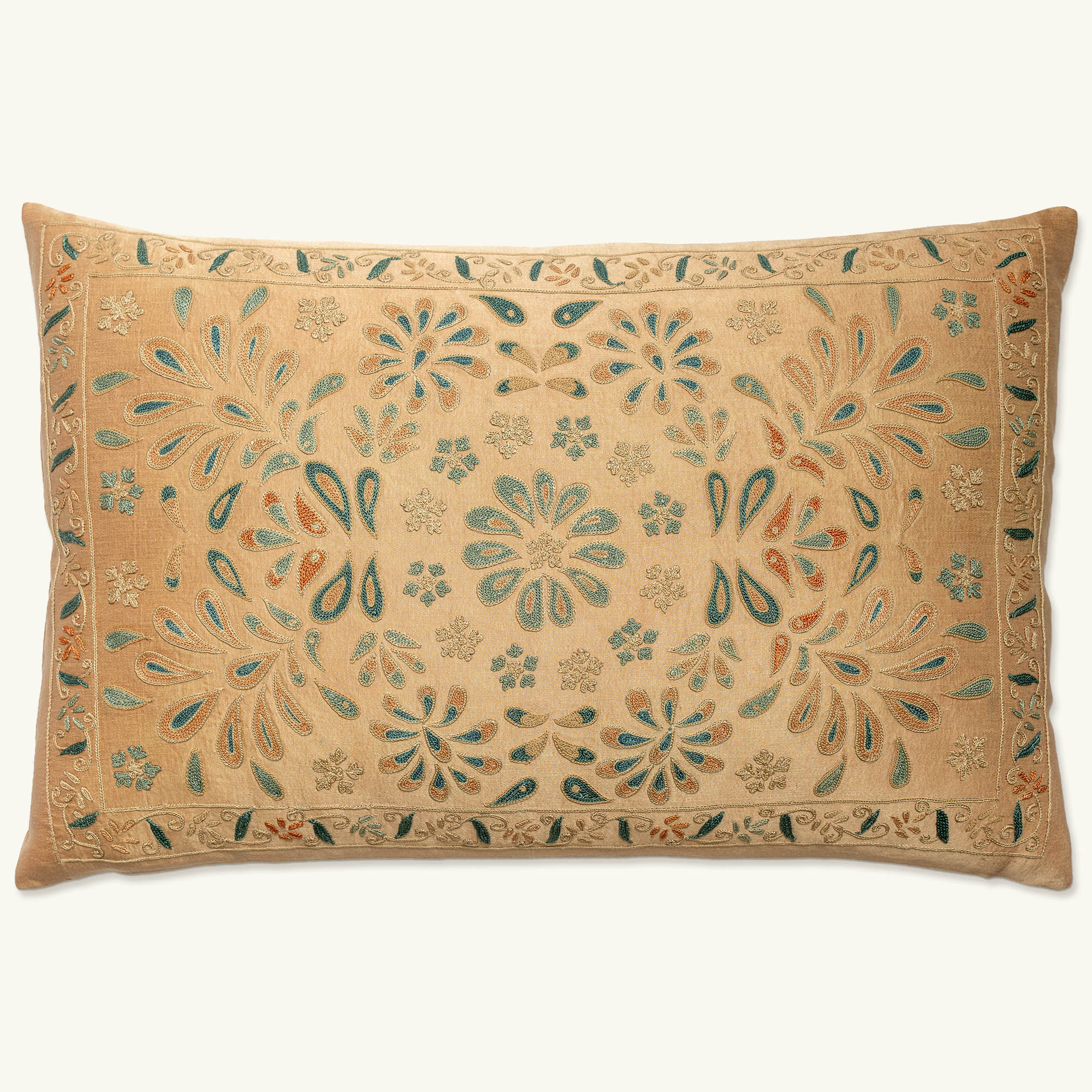 Rectangular silk hand embroidered pastel toned suzani cushion