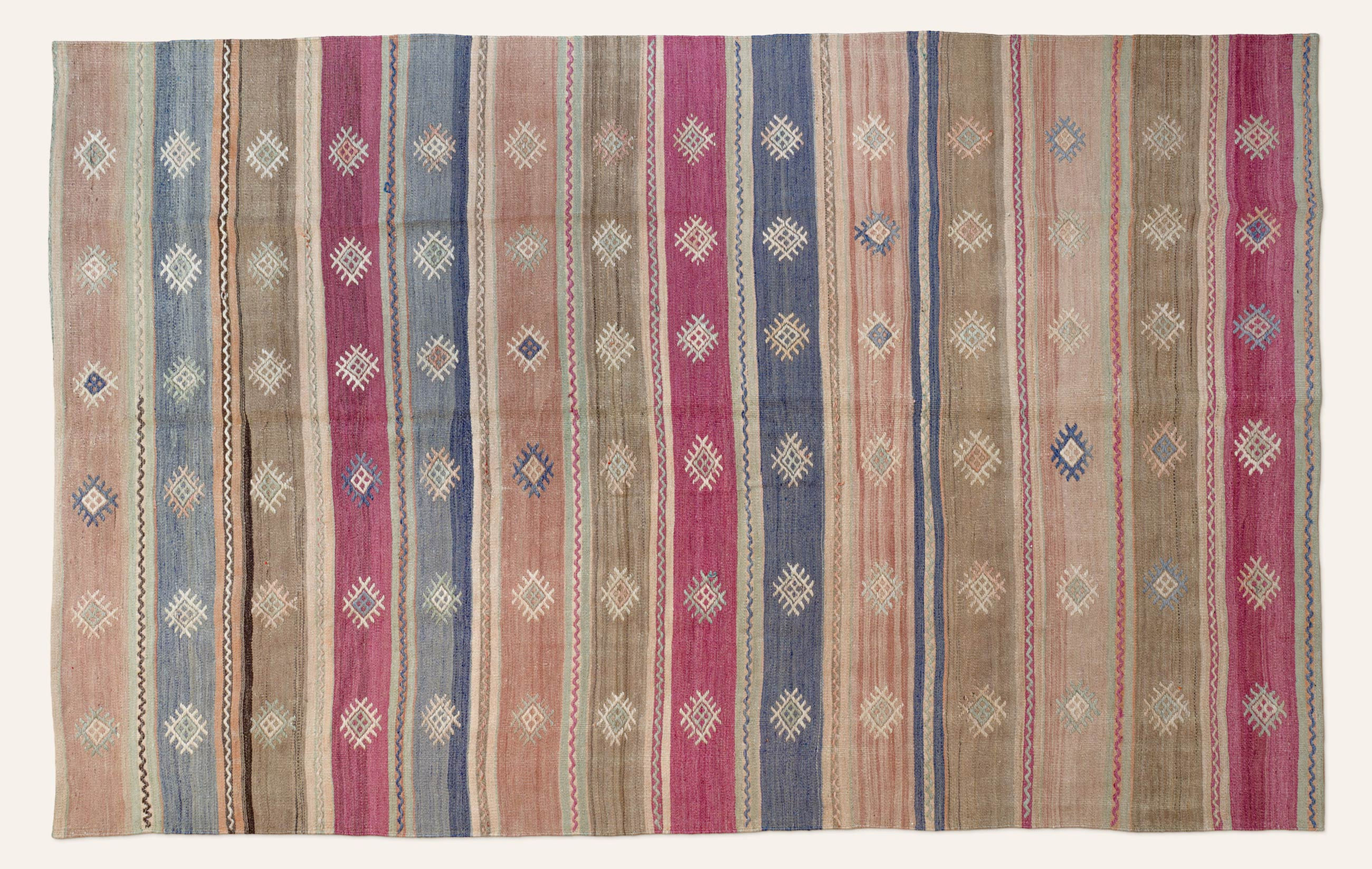 Hand woven wool striped 50-60 year old Anatolian kilim from Denizli