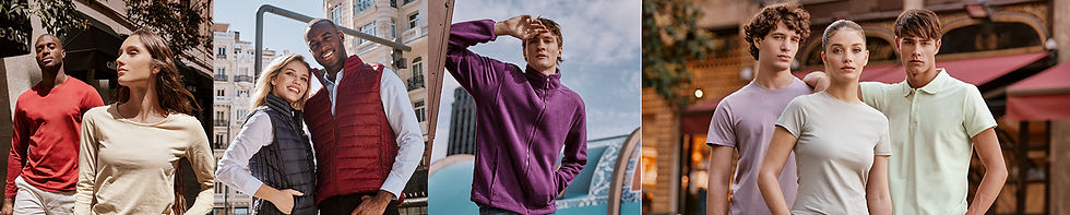 People in colorful casual wear pose confidently in urban settings; some smile, others look thoughtful under sunny skies and modern architecture.