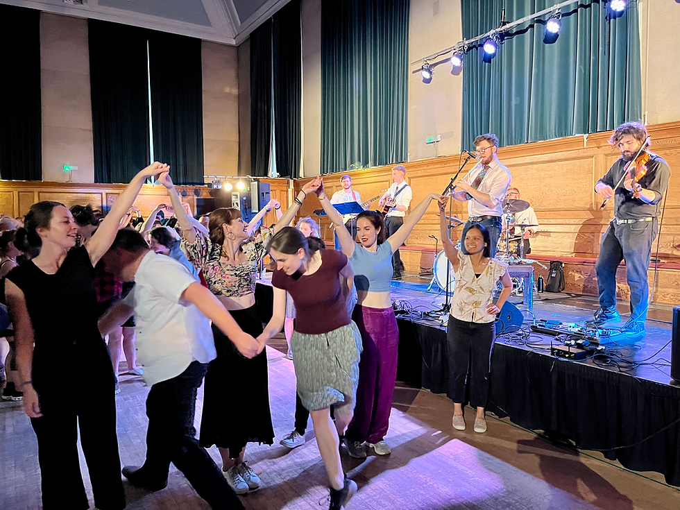 The Sassenachs Ceilidh Band lead everyone in fun and joyful dancing. A dance called Flying Scotsman at the London Ceilidh Club.