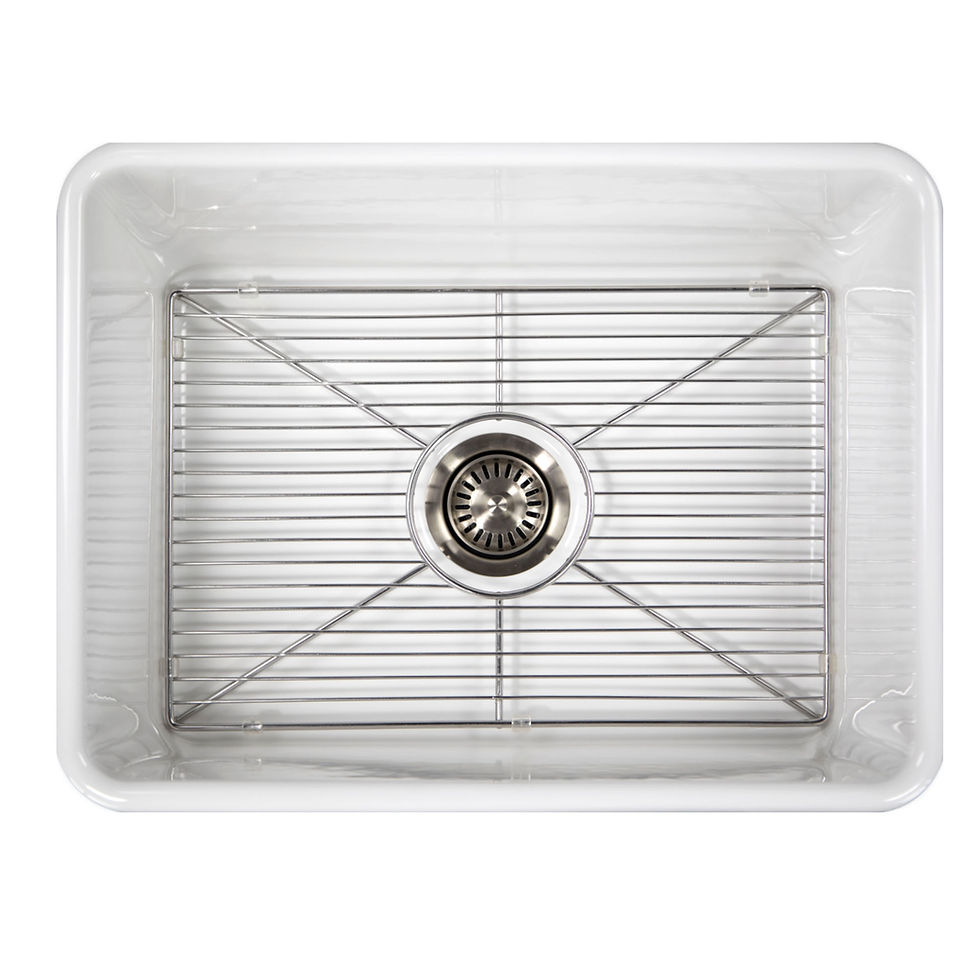 Thumbnail: 23.25" wide white fireclay farmhouse sink with grid and drain direct overhead angle