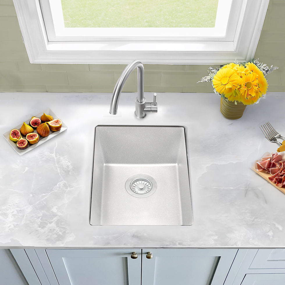 Thumbnail: Installed light blue/green kitchen with white granite bar sink and drain figs and flowers below window