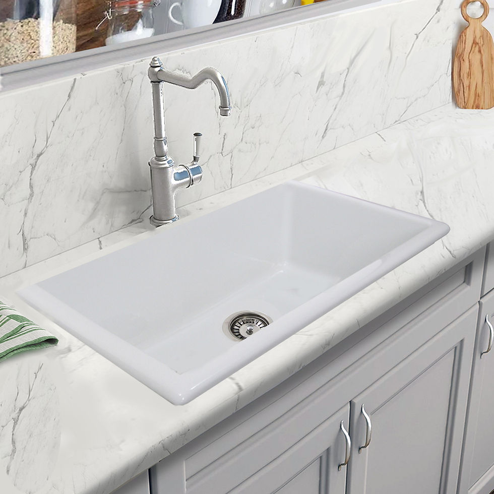 Thumbnail: 30-Inch Dual-mount Fireclay Sink HP-UMFC30 installed grey cabinet topmount
