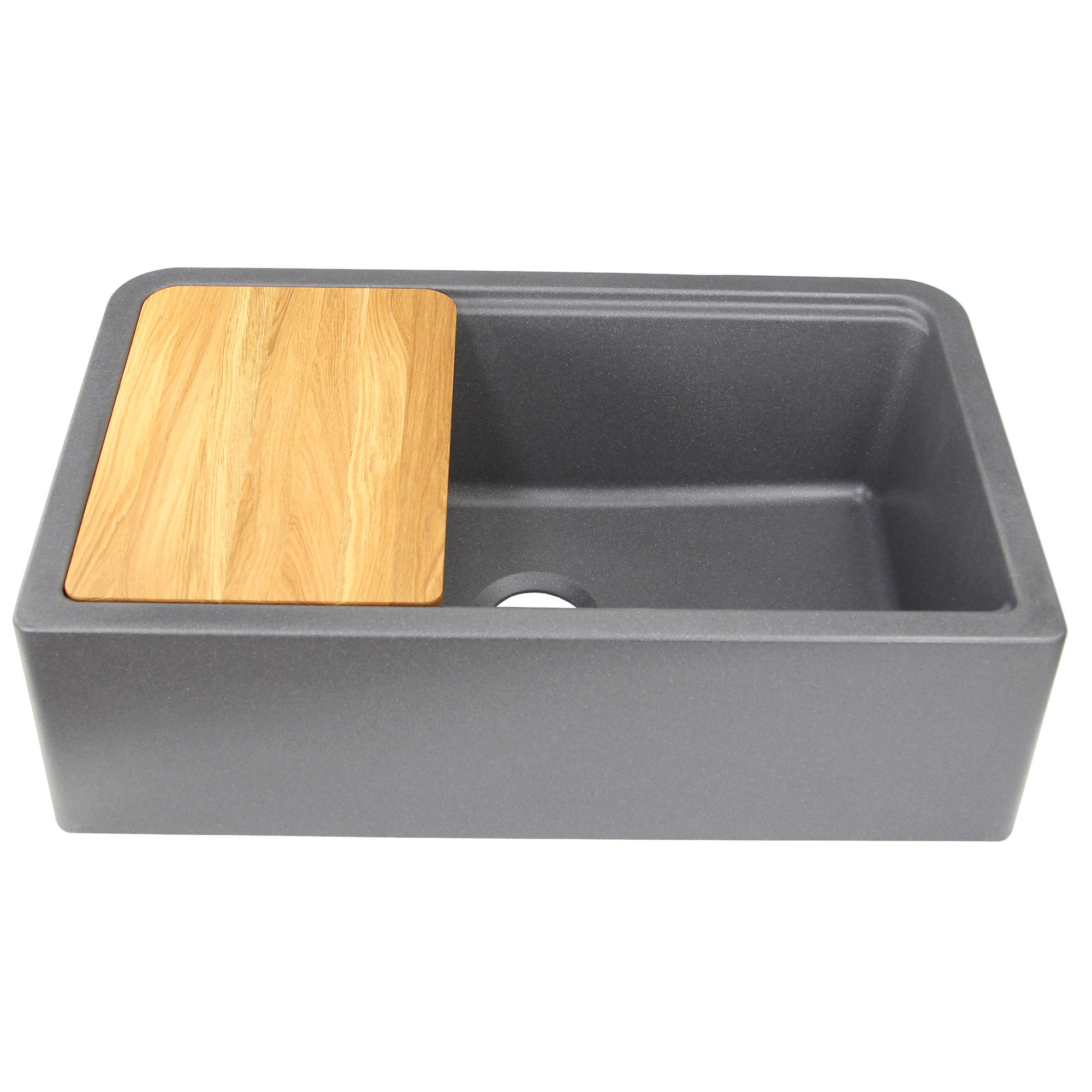 32.75 Wide grey granite composite workstation kitchen sink with wood cutting board front view
