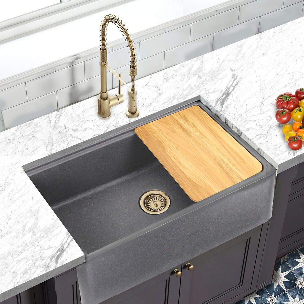 Thumbnail: nstalled grey granite composite workstation overhead view in black cabinets white marble countertops