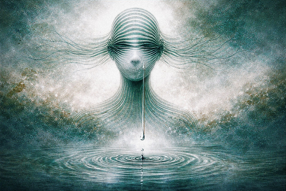 Surrealer, gesichtsloser Kopf mit türkisfarbenen Linien; ein Tropfen fällt ins Wasser und erzeugt Wellen.