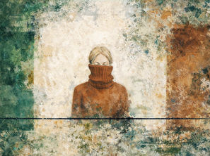 Person mit hochgezogenem braunen Rollkragenpullover vor abstraktem, farbenreichem Hintergrund. Ruhevolle, melancholische Stimmung.