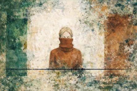 Person mit hochgezogenem braunen Rollkragenpullover vor abstraktem, farbenreichem Hintergrund. Ruhevolle, melancholische Stimmung.