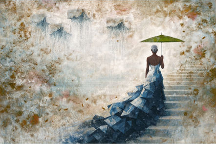 Person mit grünem Schirm in elegantem, blauen Kleid auf Treppe, vor nebliger Hintergrundkulisse. Mystische, verträumte Stimmung.