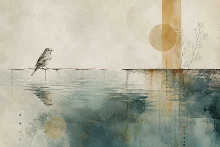Vogel auf einer Kante über spiegelndem Wasser, abstrakte beige-türkise Grafik mit Kreisen, Zweigen und ruhiger Stimmung