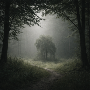 Einzelner Baum in einer stillen Waldlichtung, umgeben von hohen Bäumen, ein schmaler Weg führt durch gedämpftes Licht.