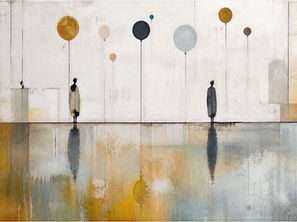 Zwei Personen stehen in minimalistischer Umgebung, umgeben von großen, schwebenden Luftballons in gedeckten Farben. Reflexion im Boden.