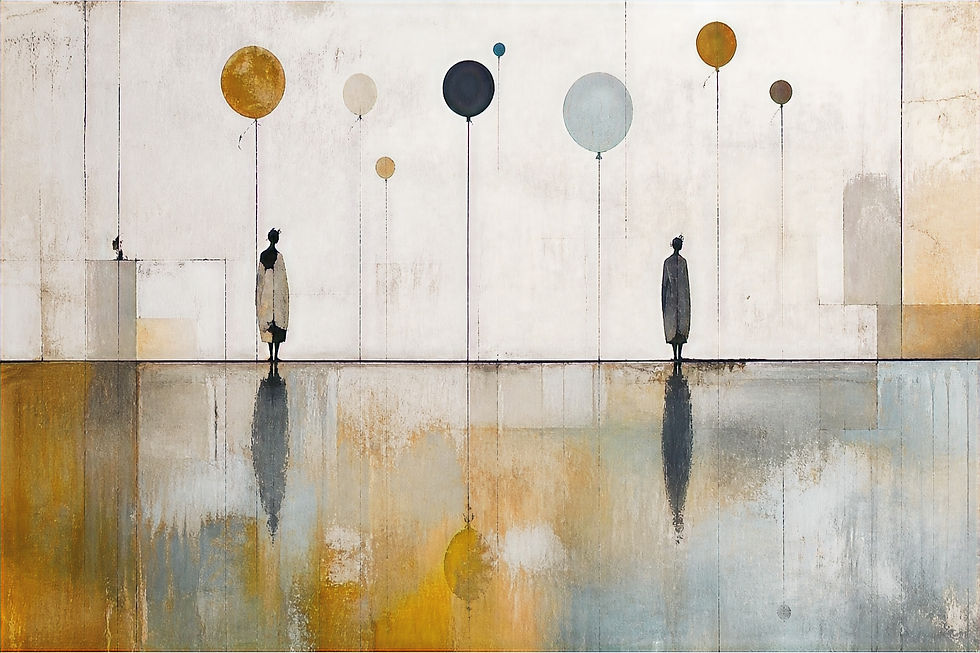 Zwei Personen stehen in minimalistischer Umgebung, umgeben von großen, schwebenden Luftballons in gedeckten Farben. Reflexion im Boden.