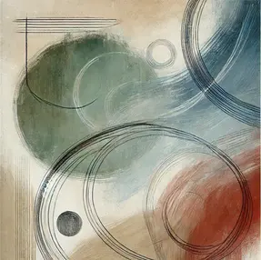 Abstrakte Kunst in erdigen Farben – Blau, Grün und Rot in sanften Verläufen symbolisieren emotionale Balance und innere Ruhe beim Loslassen von Perfektionismus. Feine schwarze Linien und Kreise zeigen inneren Druck und den Weg zu Selbstakzeptanz.