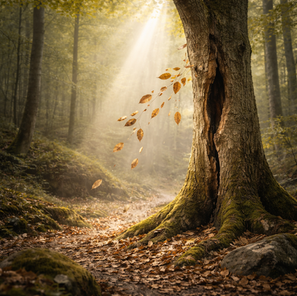 Baum im Wald mit sichtbarer Rissstruktur im Stamm, von goldenem Licht durchflutet, Blätter lösen sich und fallen zu Boden.