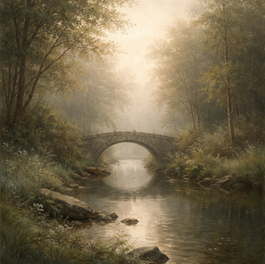 Ruhiger Fluss mit kleiner Brücke im diffusen Morgenlicht, Natur als stiller Erfahrungsraum für inneres Erleben.