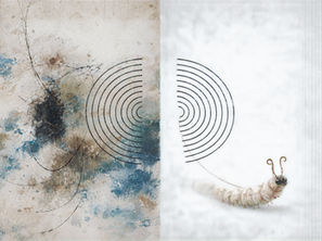 Abstraktes Diptychon: Links strukturierte Flächen in Beige, Grün, Blau und Rost mit skizzenhaften Linien und einem halben schwarzen Labyrinthkreis, rechts ein weißer, minimalistischer Raum mit zarter, pastellfarbener Raupe, die zum geteilten Kreis kriecht; ein feiner Faden verbindet die Raupe mit den Kreislinien.