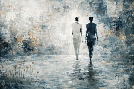 Zwei Menschen gehen nebeneinander durch eine ruhige, offene Landschaft mit Wasserflächen