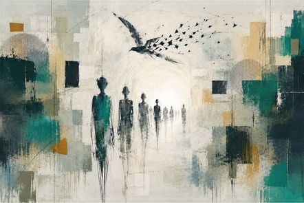 Abstrakte Szene mit schemenhaften Menschen und fliegendem Vogel, türkis-beige auf hellem, ruhigem Hintergrund.