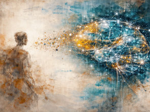 Eine skizzierte menschliche Figur steht einem leuchtenden, aus digitalen Linien und Punkten bestehenden Gehirn gegenüber, das künstliche Intelligenz symbolisiert und den Dialog zwischen Mensch und Technologie darstellt.