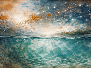 Surreale Landschaft mit Wasseroberfläche, Sternenhimmel und Lichtstrahlen unter Wasser.