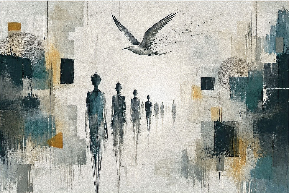 Abstrakte Malerei mit fliegendem Vogel über stilisierten Menschenfiguren, in Grau-, Blau- und Ockertönen, ruhig und düster.