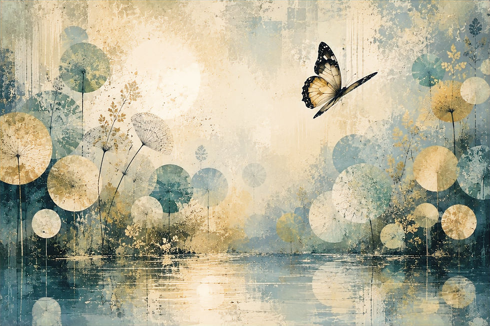 Schmetterling fliegt über abstrahierten, pastellfarbenen Blumen mit Kreismuster, reflektiert in einem Wasserteich. Ruhige, traumhafte Stimmung.