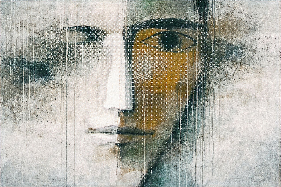 Abstraktes Porträt eines Gesichts mit gelbem Auge und Punktmuster, von grauen Farbtropfen überzogen.