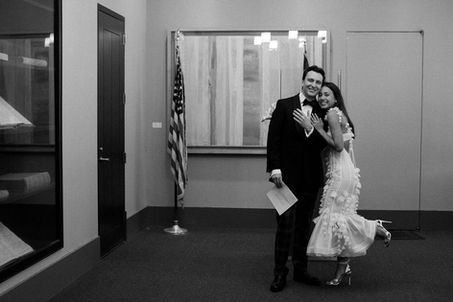 Black and white City Hall wedding ceremony portrait New York City