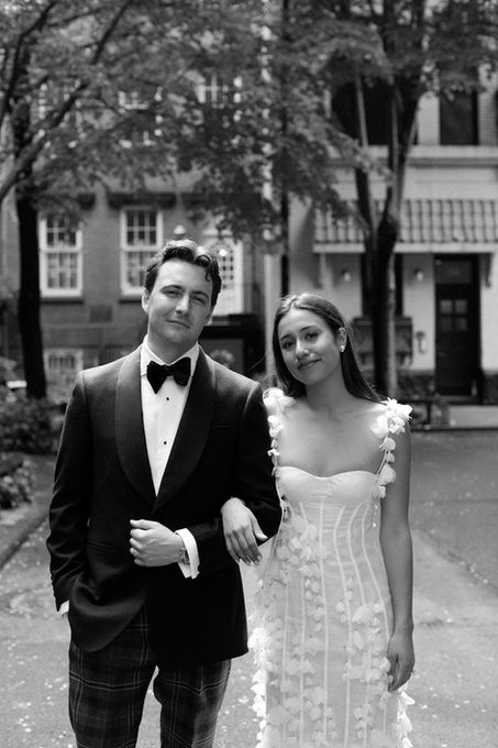 Black and white wedding couple walking West Village New York City
