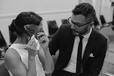 Intimate wedding couple portrait birdcage veil City Hall New York City