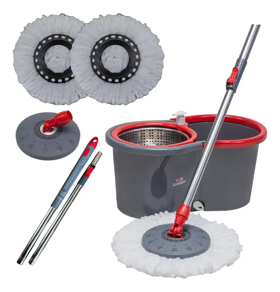Mop Esfregão Giratório Condor Balde Inox 13 Litros + Refil Microfibra + Cabo Lon