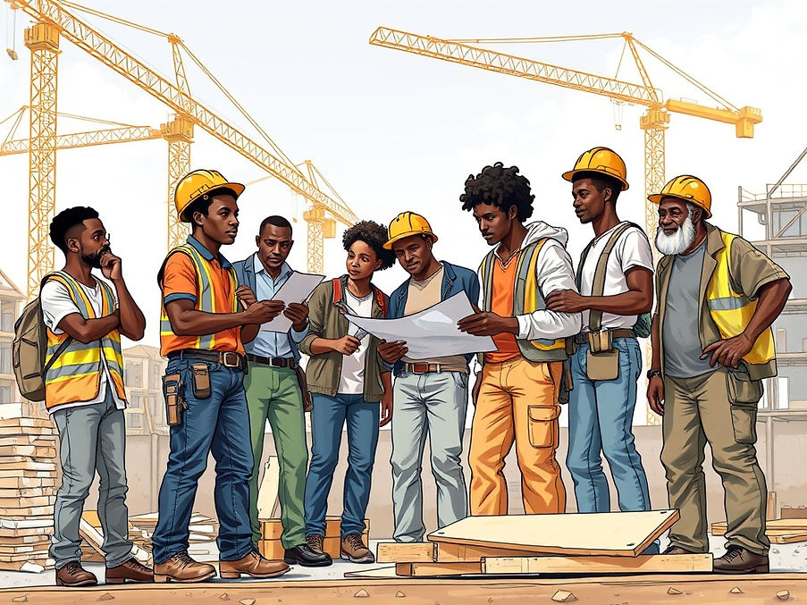 A_detailed_but_slightly_stylized_depiction_of_a_construction_team_of_Black_individuals_wor