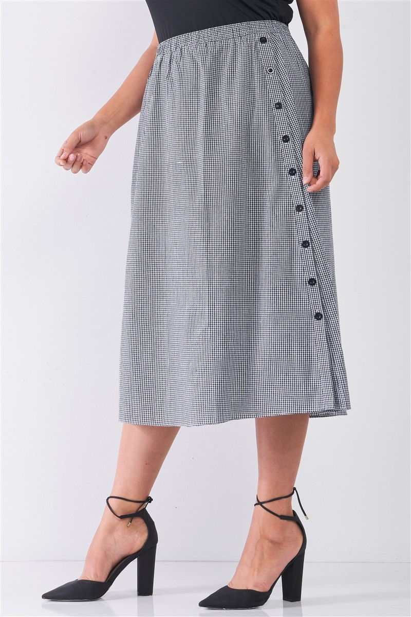 Thumbnail: Plus Size Black Gingham Print Side Button Midi Skirt