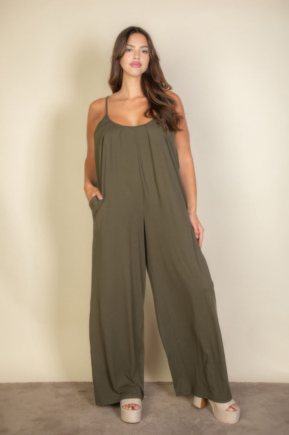 Thumbnail: Plus Spaghetti Strap Solid Wide Jumpsuit