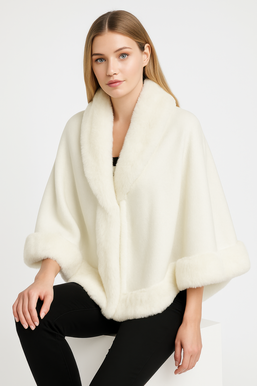 Thumbnail: Faux Fur Trim Open-front Cape Jacket