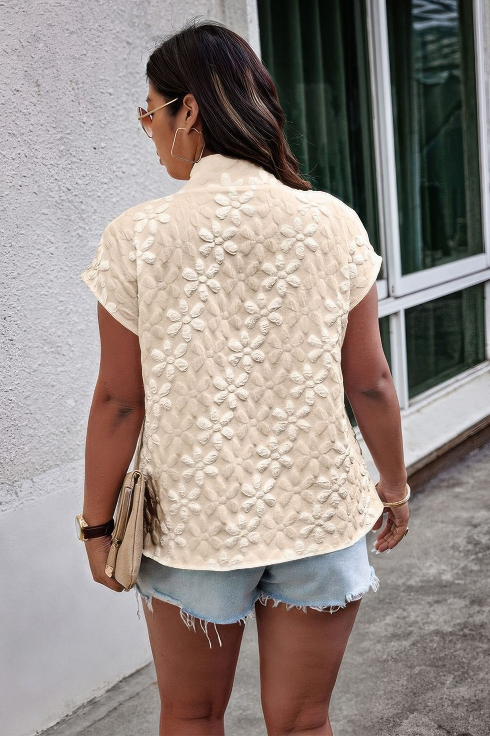 Thumbnail: Plus Size Button Loose Jacquard Stand Collar Top