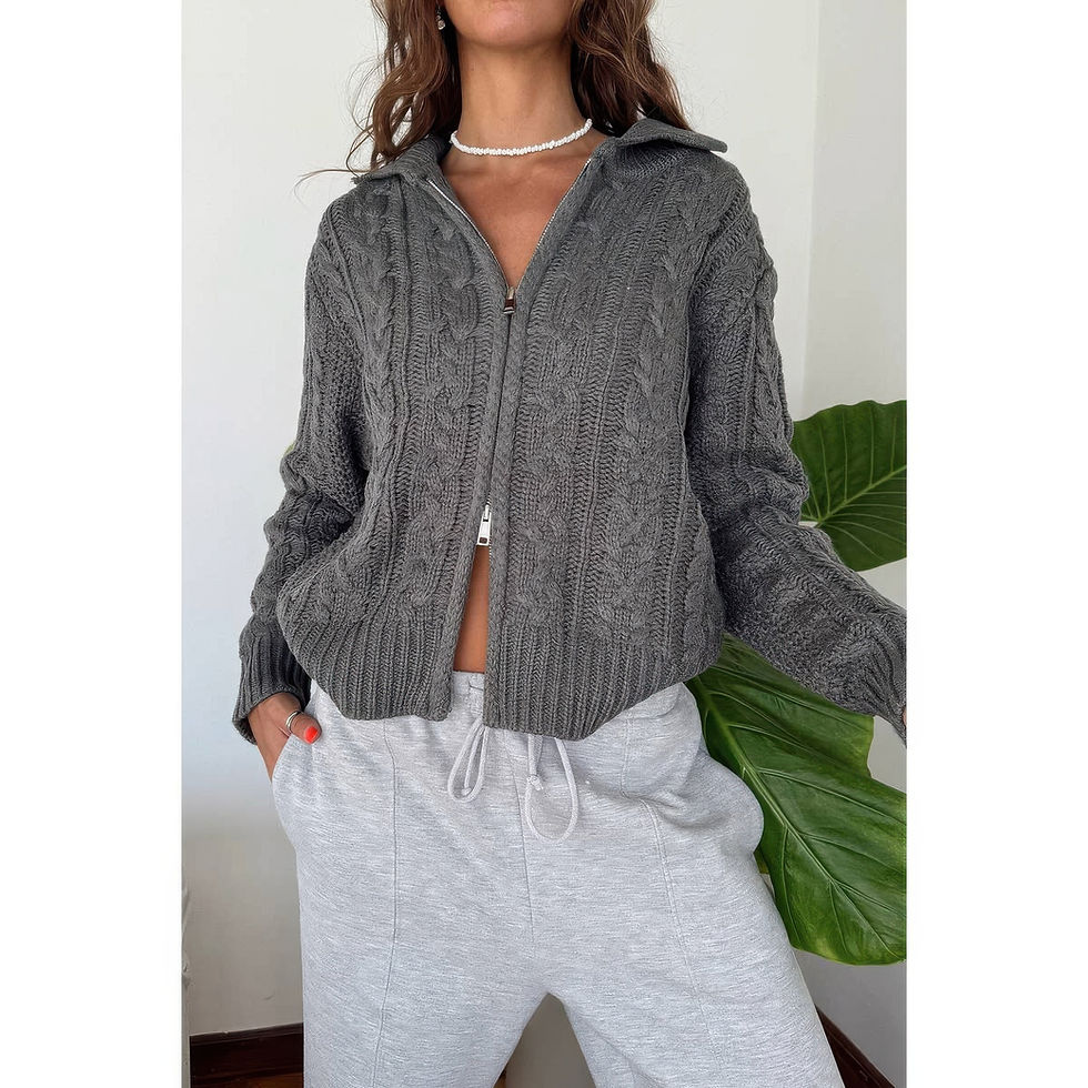 Thumbnail: Solid Cable Knit Drop Shoulder Zipper Cardigan
