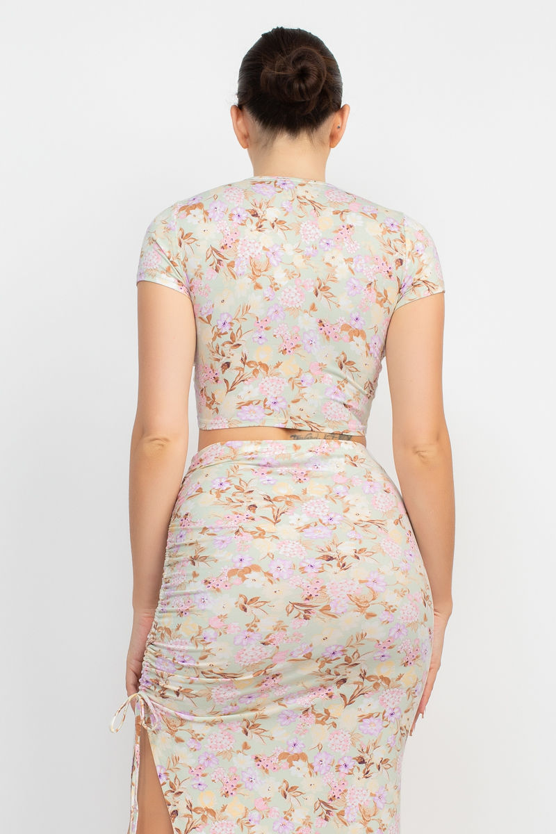 Thumbnail: Front Knot Floral Top & Ruched Maxi Skirts Set